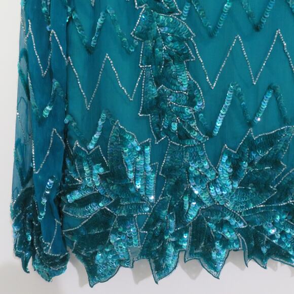 Evening Entry Womens Sz M Teal Vintage 100% Silk Beaded Sequin Top Formal Blouse - Picture 4 of 6
